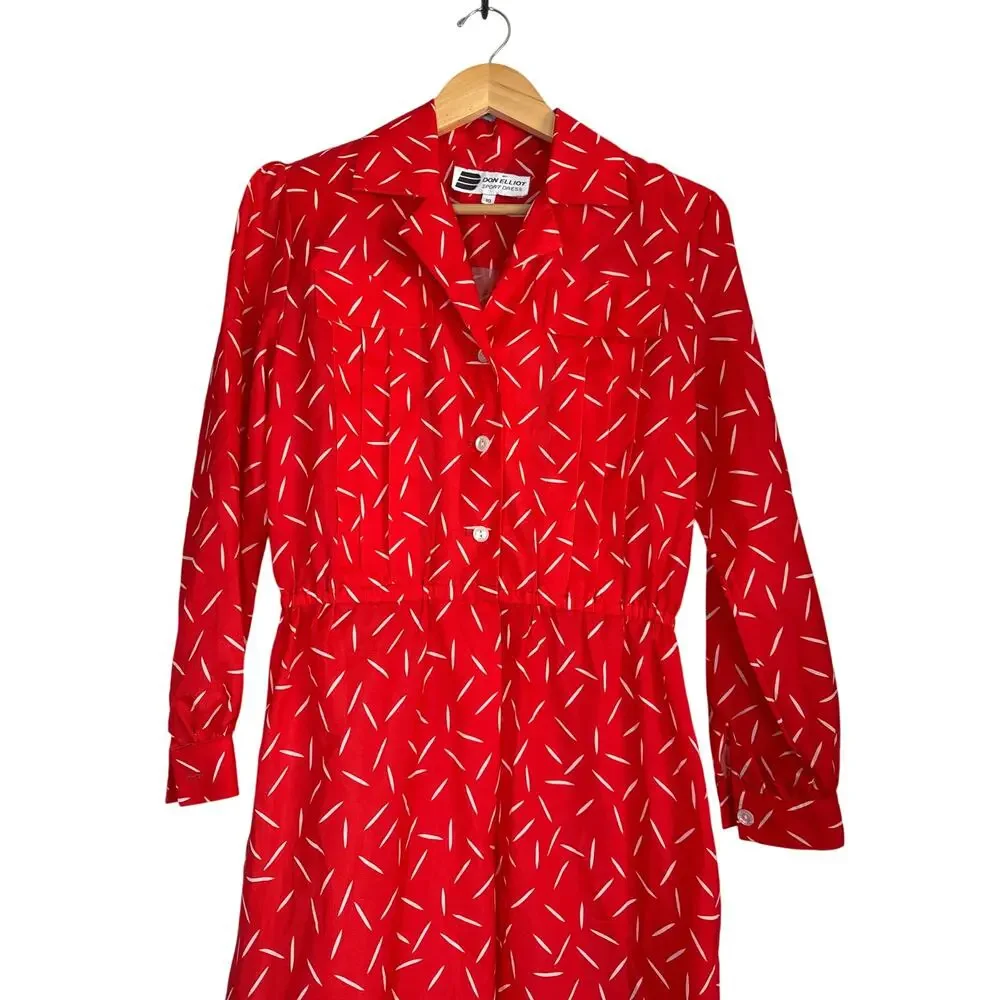Vintage 80s Structured Red Midi Dress Size 10 Print Long Sleeve Retro Secretary - Picture 2 of 8